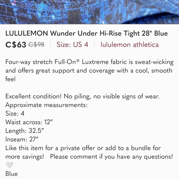 LULULEMON Wunder Under Hi-Rise Tight 28" Blue - Picture 9 of 9